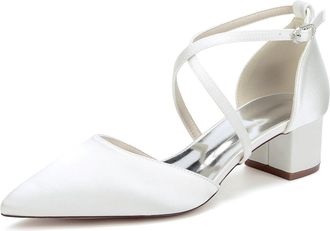 Generic Women Satin Chunky Bridal Shoes Low Wedding Heels Cross Strappy Wedding Evening Dress Shoes Pumps 4.5Cm,Ivory,10 UK