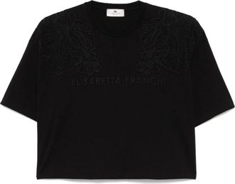 Elisabetta Franchi Geborduurd T-shirt - Dames - T-shirts - Zwart - L - Katoen - Tops