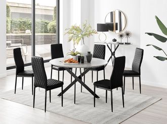 Furniturebox Novara Grey Concrete Effect Black Leg 120cm Round Dining Table & 6 Velvet Milan Black Leg Chairs