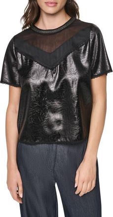DKNY Mixed Media Crackle Faux Leather Top in Black at Nordstrom, Size X-Small