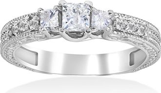 Pompeii3 3/4ct Vintage Diamond 3 Stone Engagement Ring 14K White Gold