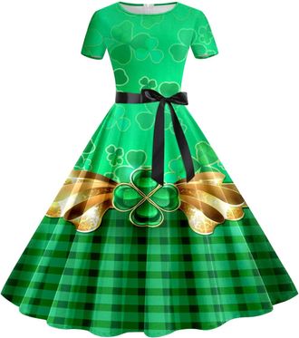 Generic St Patricks Day Irish Fancy Dress Short Sleeves Crew Neck A-Line Dress Retro Vintage Green Swing Dress Four Leaf Clover Pattern Costume Irish Dancing 