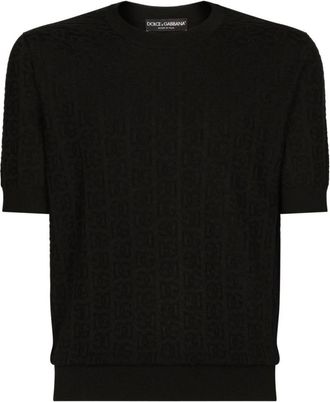 Dolce & Gabbana Round-neck Knitwear, male, Black, L, Monogram Jacquard Short Sleeve Jumper