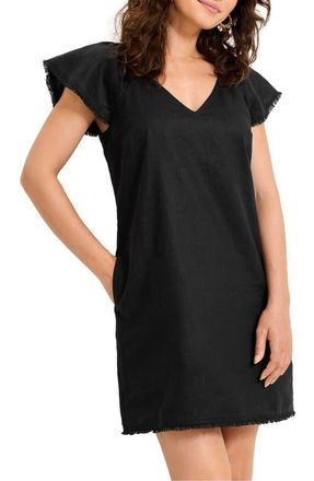 Tommy Bahama Two Palms Flutter Sleeve Linen Shift Minidress in Black at Nordstrom, Size Large