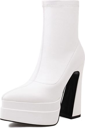 Generic Womens Pointed Toe Platform Block Heel Sock Boots Faux Leather Side Zip Ankle High Stylish Comfortable For Night Out Party And Daily Casual Wear,White