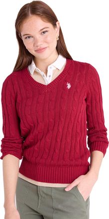 U.S.Polo Association Womens Cable Sweater - Soft Knit, Embroidered Pony Logo, Ribbed Trims, Casual Cozy Pullover, University Red, L