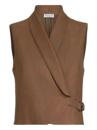 Brunello Cucinelli Linnen gilet met diagonale gesp - Bruin