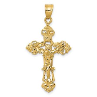 Diamond2Deal 14k Yellow Gold INRI Fleur De Lis Crucifix Pendant
