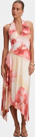 Forever New Vestito midi sinuoso allacciato al collo con fondo asimmetrico rosa a fiori
