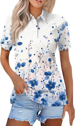 Generic Polo Shirts for Women UK Short Sleeve Golf Tennis Tops Clothes Floral Printed Tee Blouses Button Up Office Top Striped Shirt Ladies Cotton Work Collar
