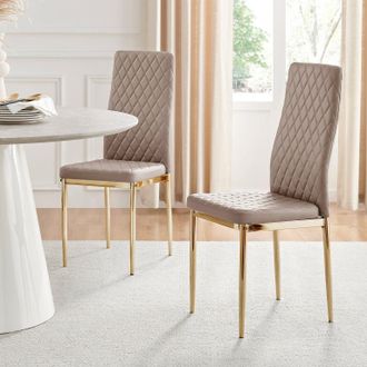 Furniturebox Set of 6 Milan High Back Soft Touch Diamond Pattern Faux Leather Dining Chairs With Gold Chrome Metal Legs in Beige