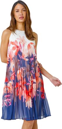 Roman Womens Floral Print Pleated Swing Dress - Orange - Size 16 UK