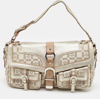 Versace Beige/metallic Signature Canvas And Leather Double Pocket Flap Bag