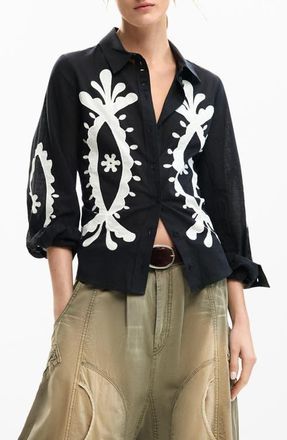 Desigual Appliqu&eacute; Button-Up Shirt in Black at Nordstrom, Size X-Large