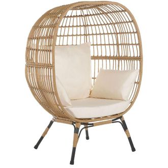 Beliani Silla Cesta De Rat&aacute;n Color Natural Patas Hierro Negro Cojines Beige Respaldo Alto Boho Jard&iacute;n Terraza Sala De Estar Veroli