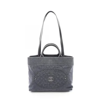 Chanel Black Navy Denim Leather Handbag Tote Bag (Pre-Owned)
