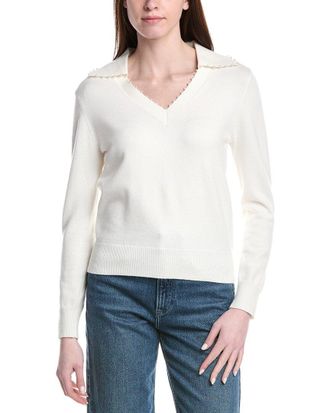 T Tahari Pearl Beaded V-Neck Polo Top