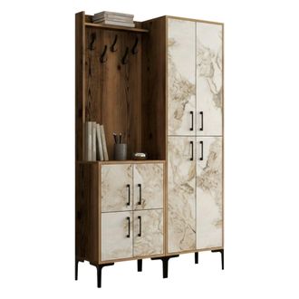 Dmora Muebles De Entrada Castor, Entrada Para Perchas, Composici&oacute;n Para Atrio, Consola De Almacenamiento Multifunci&oacute;n, 120x35h200 Cm, Nogal Y M&aacute;rmol Blanco,