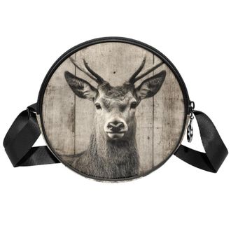 Generic Circle Crossbody Bag for Women, Ancient Wooden Wall Deer Small Sling Bag Daypack with Zipper Adjustable Shoulder Straps Casual Ladies Girls Round Purs