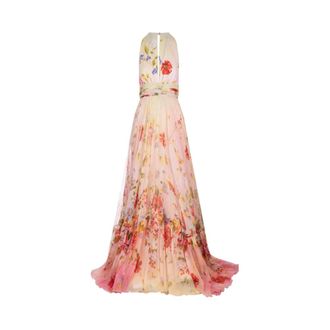 Roberto Cavalli Long Chiffon Dress with Miami Flowers Print - female - Roberto Cavalli - Gowns - Multicolor - XS - Dresses