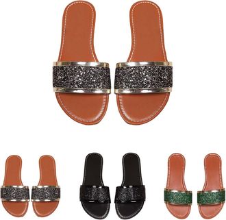 Generic Clearance UK Womens Flat Sandals Summer Sparkly Glitter Soft Cushion Slippers Ladies Flat Bow Lightweight Beach Fashion Retro Non-Slip Sandals Flip Fl