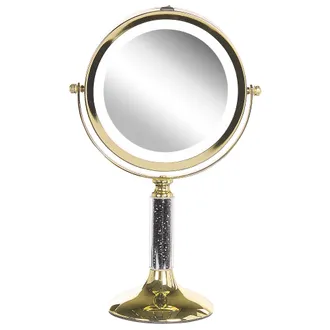 Beliani Espejo De Maquillaje Iluminaci&oacute;n Led Metal Dorado &Oslash; 13 Cm Doble Cara Magnifica 1x / 5x Baixas