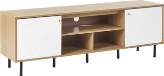 Beliani Beliani - Mueble De Tv Madera De Aglomerado Clara Blanco Metal 160 X 56 X 40 Cm Patas Negras 2 Puertas 3 Baldas Escandinavo Moderno Sala De Estar Palm