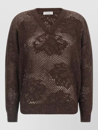 Brunello Cucinelli mohair wool floral lace v-neck sweater