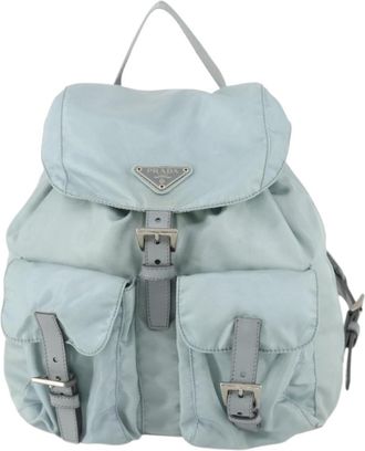 Prada Vela Double Front Pocket Backpack Tessuto With Saffiano Leather Blue Nylon Backpack Bag (Pre-Owned)