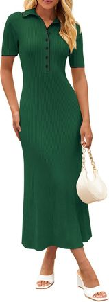 Merokeety Womens V Neck Ribbed Knit Maxi Dress Button Short Sleeve Slim Fit Bodycon Sweater Dress, DarkGreen, M