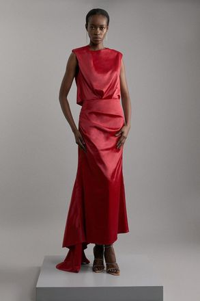 Karen Millen Womens Sleeveless Satin Drape Woven Maxi Dress - Red - Size 10 UK