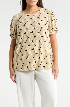 Anne Klein Print Pleat Short Sleeve Top in Latte Multi at Nordstrom, Size 2 X