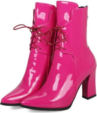 Generic Womens Lace-Up Chunky Heel Mid-Calf Boots with Pointed Toe, for Casual Everyday,Pink,7.5 UK
