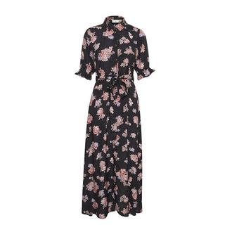 Kaffe Zwarte Diepe Maxi Jurk met Pofmouwen - Dames - Shirt Kleedjes - Veelkleurig - 3XL - Satijn - Kleedjes