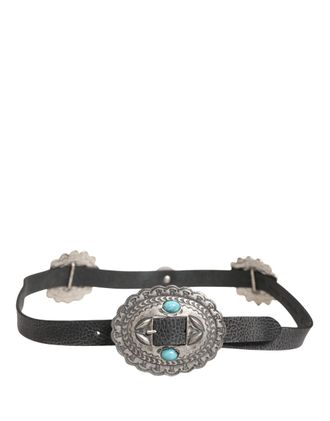 Cavalli Leather Embellished Oval Buckle Womens Belt