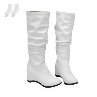 Generic Womens Knee-High Boots in A Leather Look with Wedge Heels, Casual Pull-On Boots with A Ruched Shaft, Comfortable Tall Boots for Everyday Wear, Autumn 