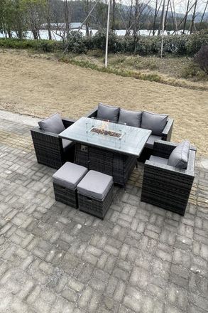 Fimous 7 Seater PE Wicker Rattan Gas Fire Pit Table Heater Sets Lounge Sofa Chairs in Dark Grey