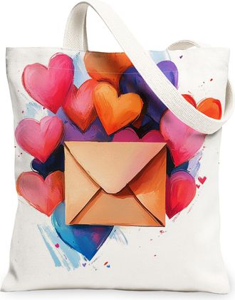 Generic Valentines Day Heart Canvas Tote Bags, Colorful Love Design Reusable Grocery Bags, Lightweight Washable Shoulder Strap Canvas for Shopping Outdoors Tr