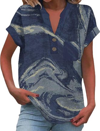 Generic My Orders Items Womens Summer Cap Sleeve T-Shirt Fashion Printed Button V Neck Going Out Party Tunic Tops Lounge Baggy Casual Shirts Summer Tops for W