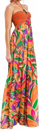 Flying Tomato Sunset Getaway Crochet & Print Maxi Dress In Orange