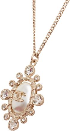 Chanel 2020 crystal faux pearl pendant CC logo gold chain necklace