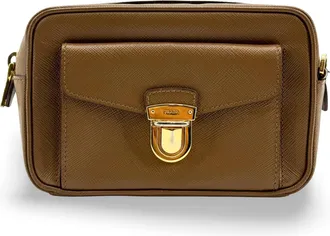Prada Pushlock Pocket Camera Saffiano Leather Brown Leather Handbag (Pre-Owned)