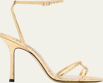 Jimmy Choo London Snake-Embossed 1998 Leo Metallic Leather Ankle-Strap Sandals