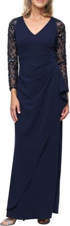 S.L. Fashions Beaded Long Sleeve Crepe Gown in Navy at Nordstrom, Size 16