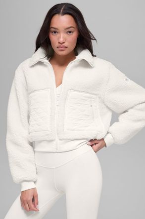 Alo | Sherpa Edge Bomber Jacket in Ivory White, Size: Small