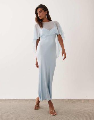 Asos vestito maxi in raso con mantella, azzurro chiaro-Blu