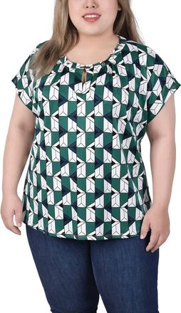NY Collection Extended Sleeve Top With Grommets - Plus In Kelly Green Ivory Geo Link