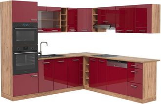 Vicco Cocina Esquinera R-line, Burdeos Brillo Intenso/roble Dorado, 237 X 247 Cm, Et Roble