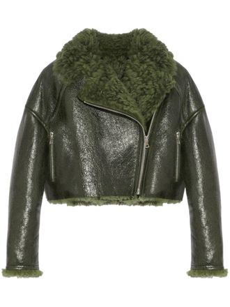 Yves Salomon patent-merino cropped biker jacket - Green
