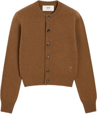 Ami Brown Ami De Coeur Cropped Embroidered Cashmere-Blend Cardigan